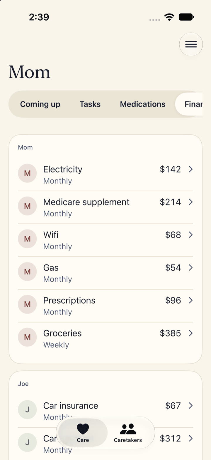 The Finances tab for Mom: electricity, Medicare supplement, wifi, gas, prescriptions and groceries with amounts and how often each is due.